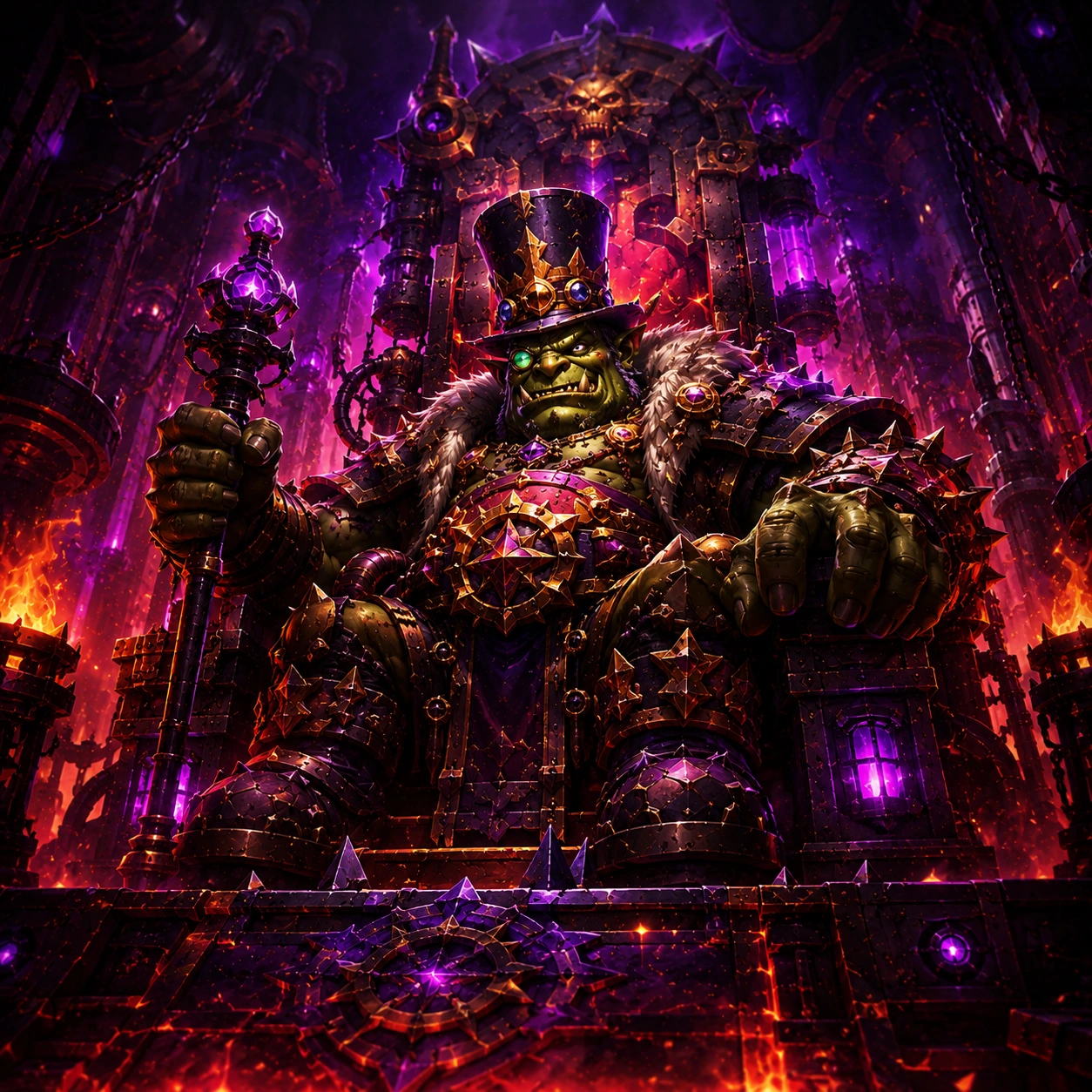 Mythic Chrome King Gallywix sitting on a dark mechanical throne inside the Liberation of Undermine raid in World of Warcraft
